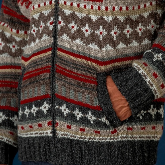 Handmade mens wool cardigan southwest geometric design fleece lined pockets XXL - Picture 5 of 6